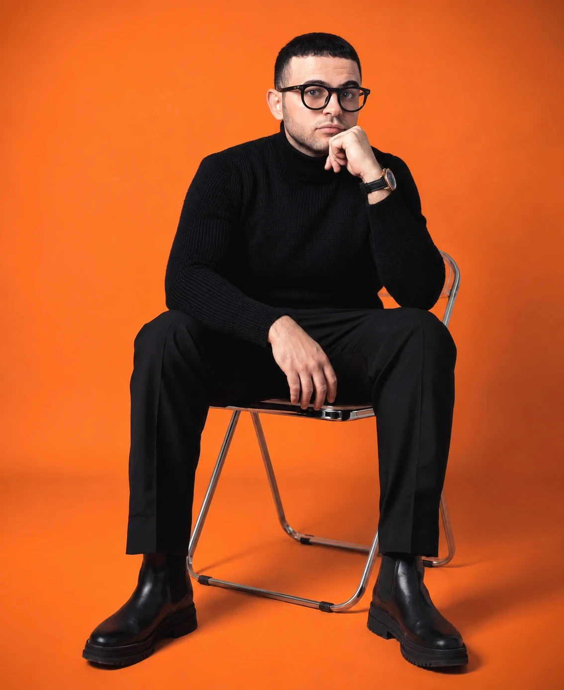 Ahmed Naeem in a black turtleneck, sitting on a folding chair against an orange backdrop